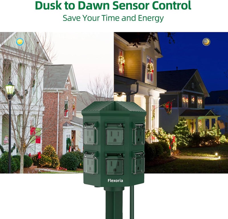 Flexoria Outdoor Power Stake Timer, Remote Control Dusk to Dawn Light Timer, 6FT Extension Cord Waterproof, 6 Grounded Outlets for Outdoor Christmas Decorations, ETL Listed (6 FT) - Image 4